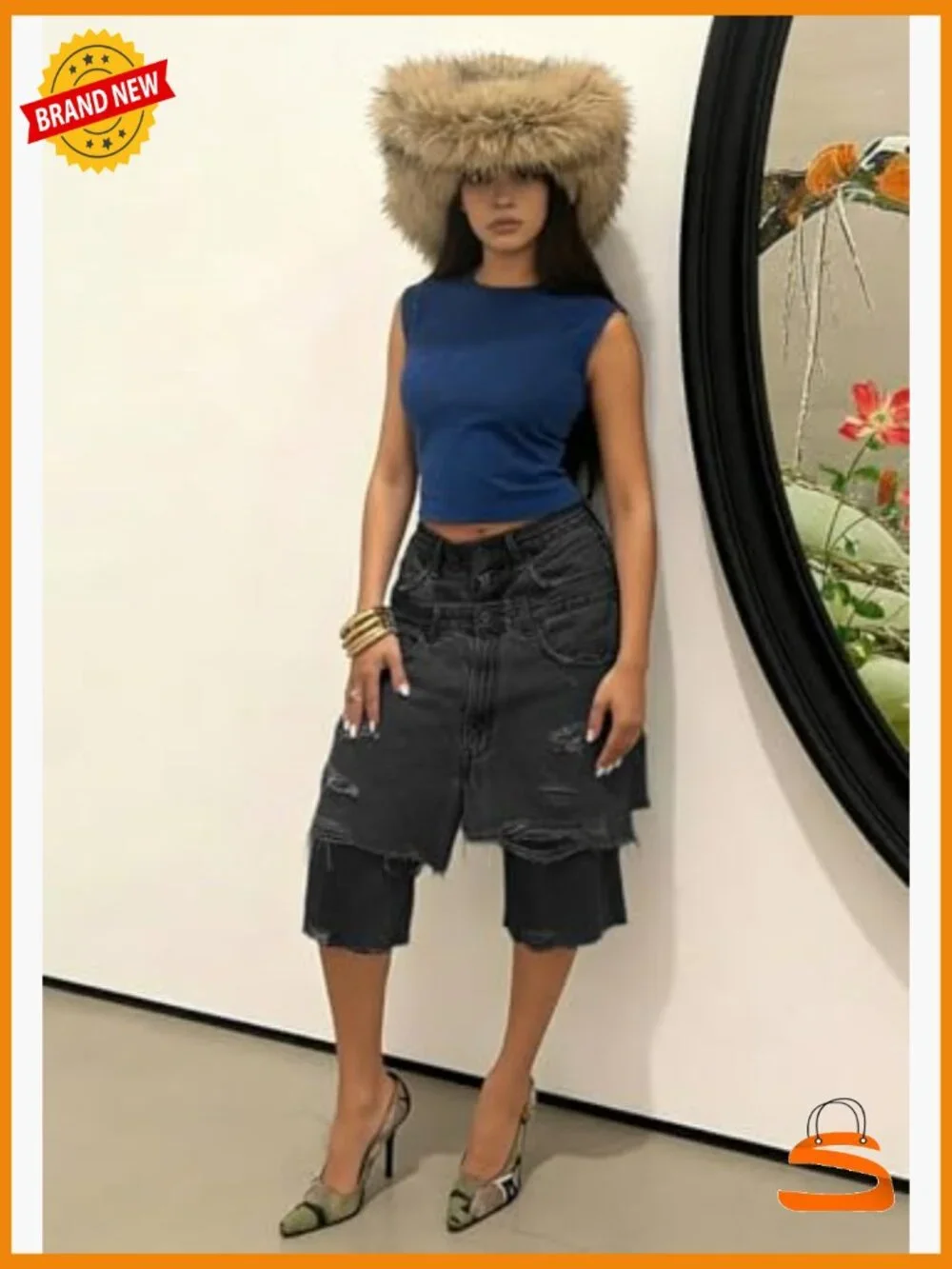 Baggy High Waist Ripped Denim Shorts Y2K Cargo Jorts Double Waist Patchwork
